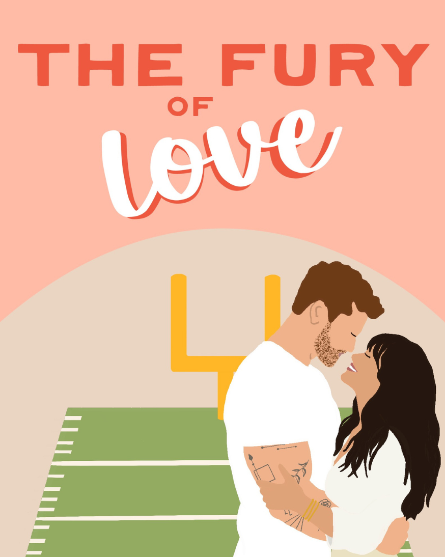 Book cover for 'The Fury of Love' by Kristin Bennett, featuring an illustrated couple embracing on a football field with a peach and beige background.
